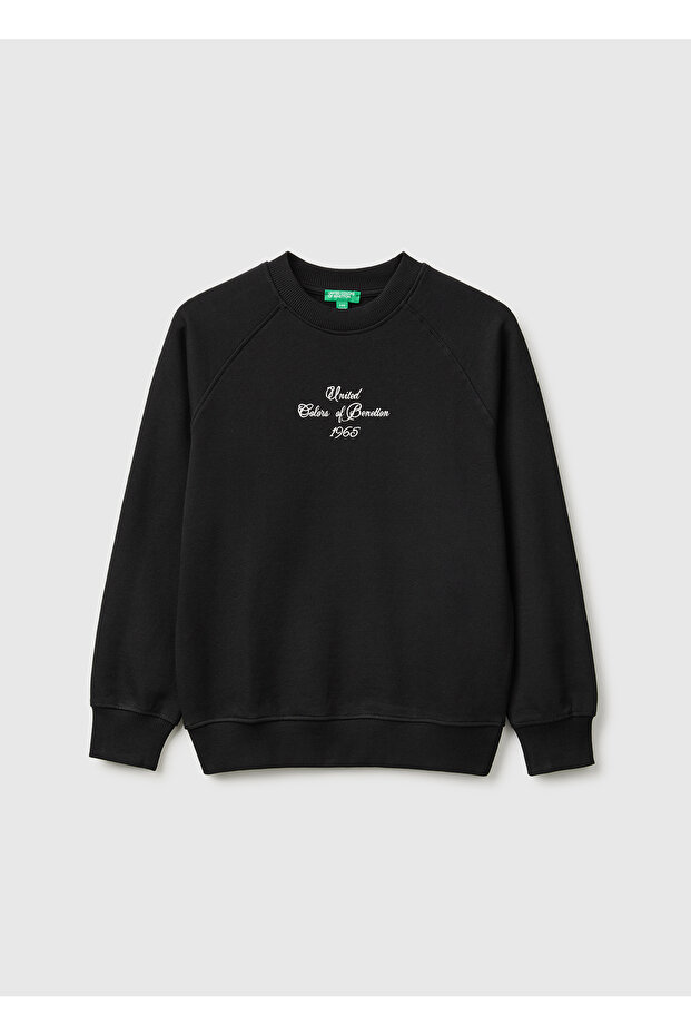 Boy's Black Crew Neck Sweatshirt with Embroidered Ribbed Front and Raglan Sleeves
