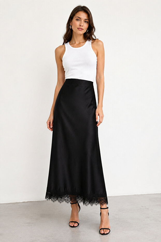 Black Satin Lace Detailed Long Skirt – High Waist, Elastic Inside, A-Line -