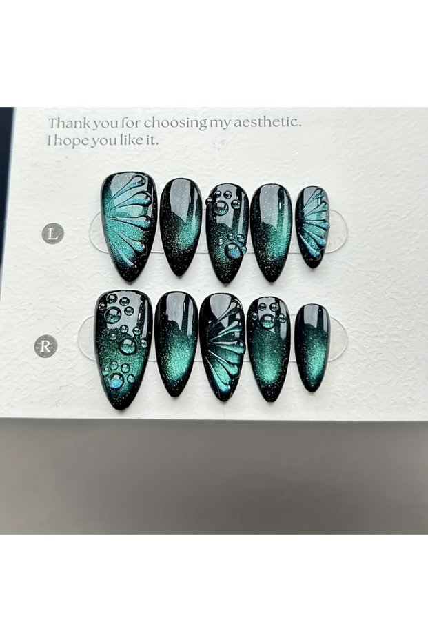 S 10pcs High-end Dark green cat-eye butterfly handmade fake nails, Dark almond nail cat's eye nail d