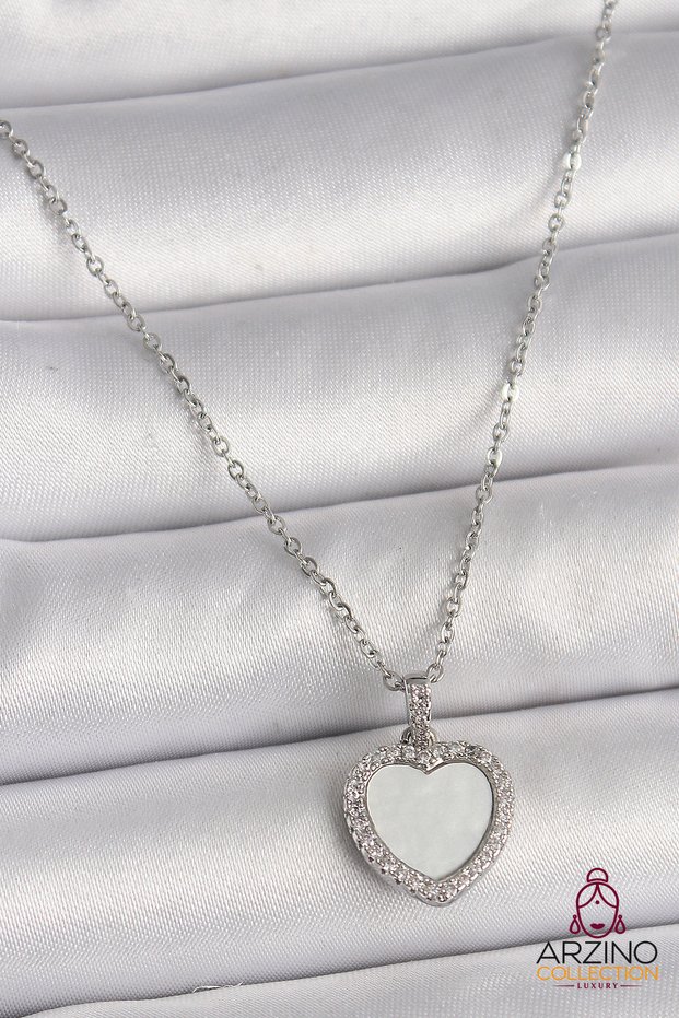 316L Steel Silver Color Chain Zircon Stone White Enamel Heart Model Women's Necklace