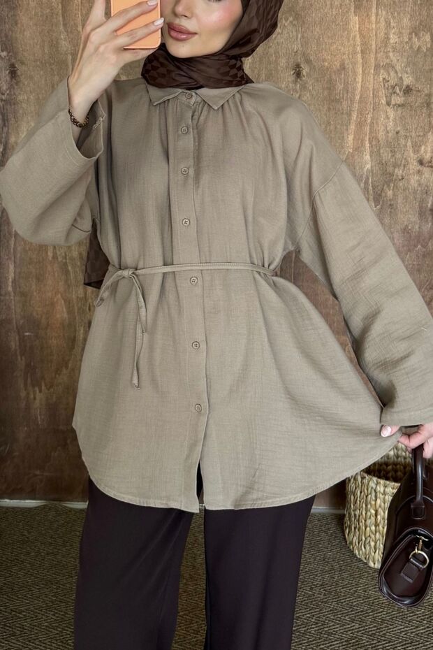 Women's 100% Cotton Muslin Oversize Hijab Shirt Tunic Light Brown