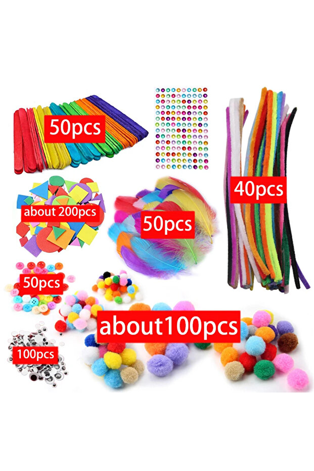A Kids Creative Plush Stick Pompoms Rainbow Colors Feather Eyes Sticker Educational DIY Toys Handma.