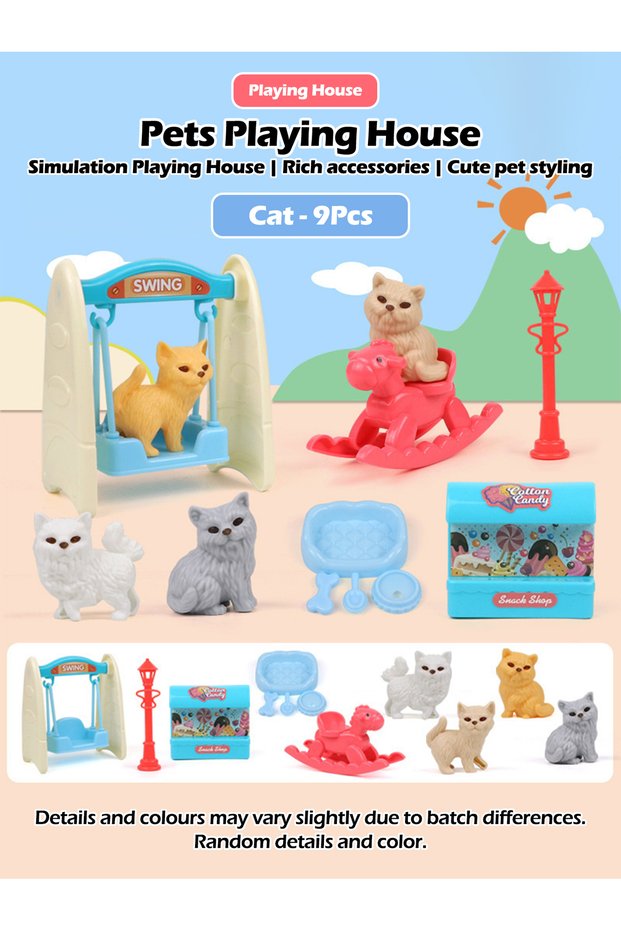 9pcs Cat swing Kids Pet Care Pretend Play Set, Montessori Educational Role Play Toy Feeding Grooming