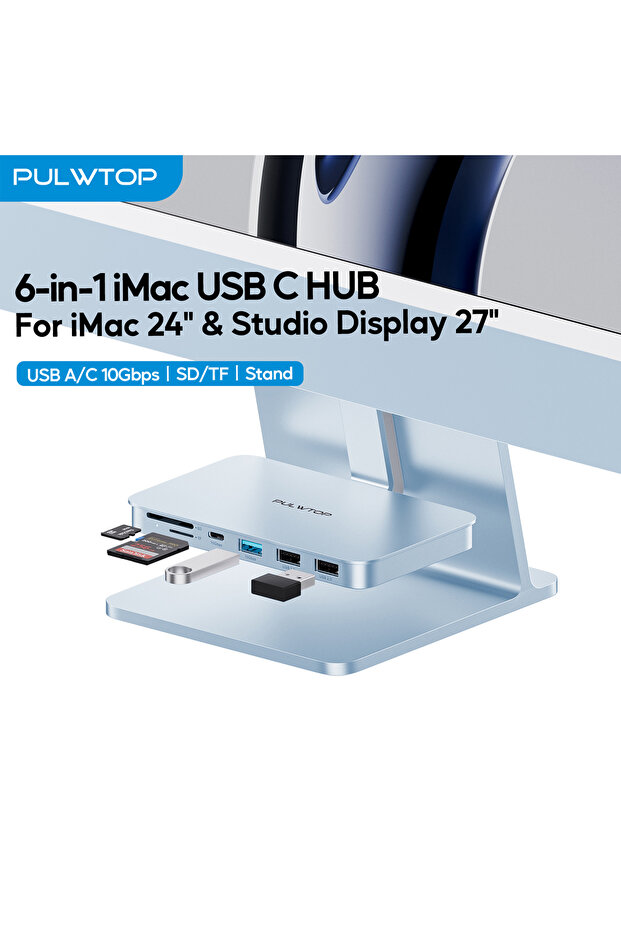 موزع USB من PULWTOP باللون الأزرق لأجهزة iMac مع منفذ USB-C بسرعة 10 جيجابت في الثانية، ومنفذ USB-A 2.0، وقارئ بطاقات SD/TF لأجهزة iMac مقاس 24 بوصة وستوديو