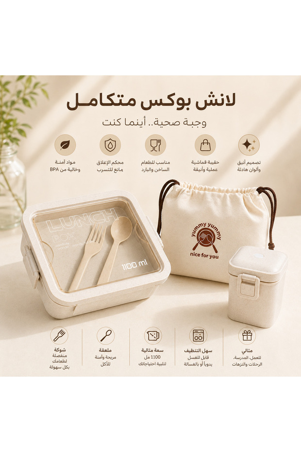 طقم 3 قطع حافظة للطعام لانش بوكس مع كوب وحقيبة وملعقة وشوكة - علبة طعام غداء - صندوق غداء بينتو 1100 ml