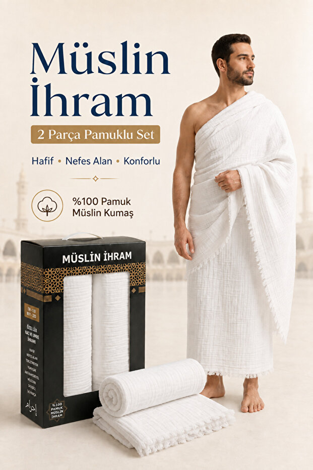 Luxury Muslin Fabric Ihram for Hajj and Umrah - 100% Cotton, Non-Sweat, Lightweight