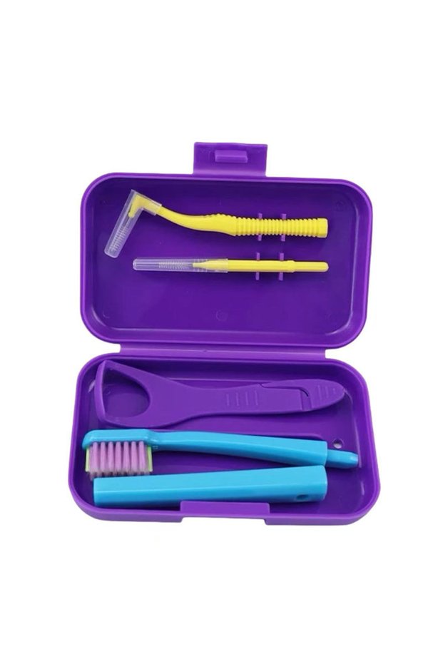 Purple Dental Cleaning Care Kits Orthodontic Oral Care Brush Tongue Scraper Interdental Brush Travel