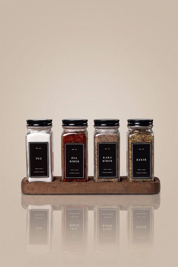 Set of 4 Glass Spice Jars with Wooden Stand |   120 ml |   Black Cover and Black Label |   Minimal Design