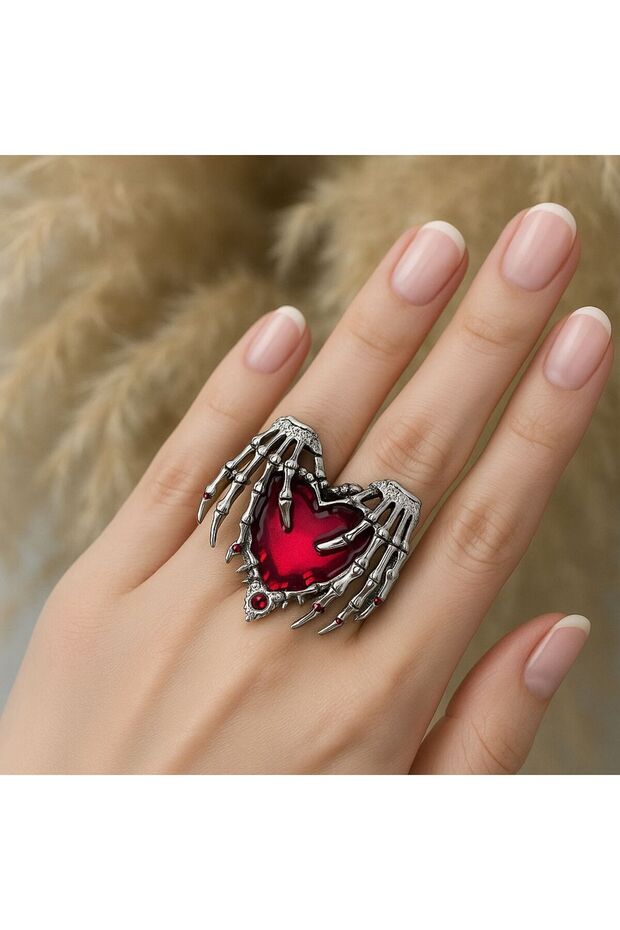 Red Enamel Heart Ring with Skeleton Hand Figure – Passionate Symbol of Dark Love