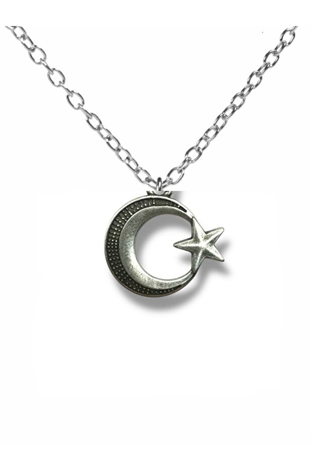 Stone Embroidered Silver Color Moon Star Figured Unisex Necklace – Sparkling and Meaningful Turkish Symbol