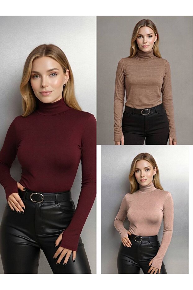 3 Pcs Round Neck Women's Long Sleeve Stretch Fabric Bodysuit with Fingers