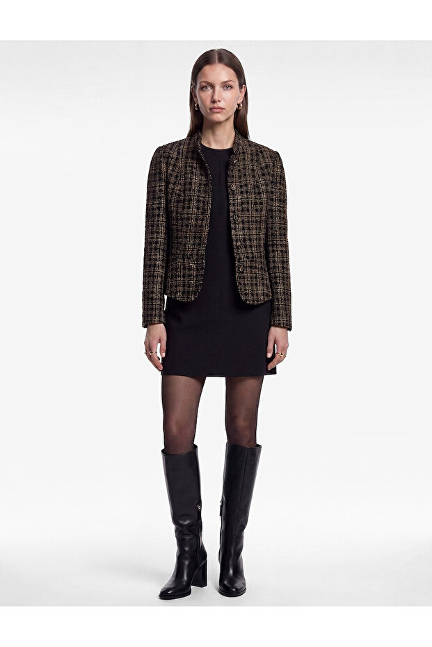 Long Sleeve Buttoned Stand Collar Tweed Peplum Plaid Jacket