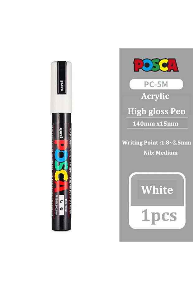 قلم ماركر أكريليك UNI POSCA أبيض وأسود وأحمر - قلم للملصقات والإعلانات والجرافيتي، طراز PC-5M-White