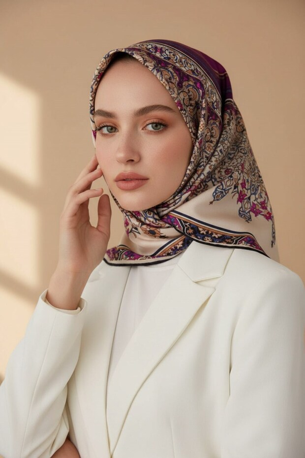 100% Twill Silk Shawl Patterned Plum Colored 90X90 Scarf Sewing Shape: Hand Sewing