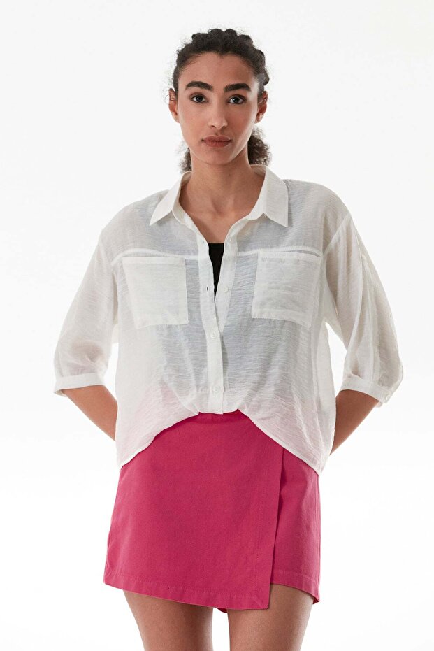 Basic Body Detailed Double Pocket Crop Shirt