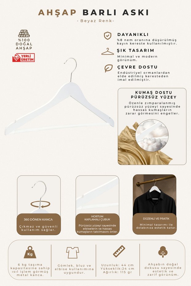 Wooden M001-Çb Bar Shirt and Trouser Hanger White Color 8 Pieces