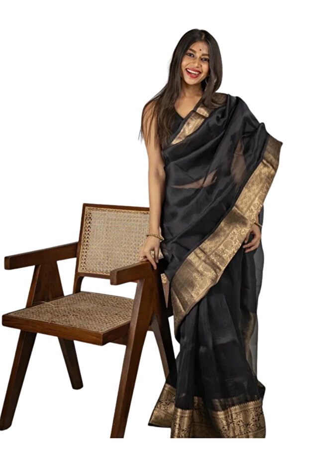 Black Organza Saree - PMM7707 | Black