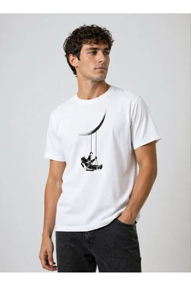Men's Astronaut Moon Themed T-Shirt Short Sleeve Summer Crew Neck T-Shirt - White