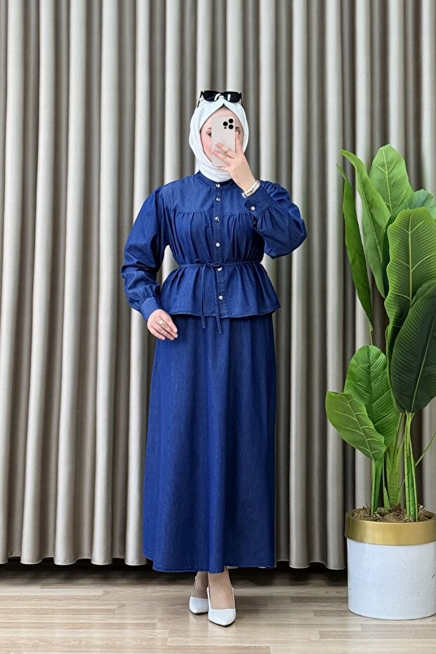 İrem Skirted Suit Jeans Light Blue Belted and Buttoned Skirted Two-Piece Suit