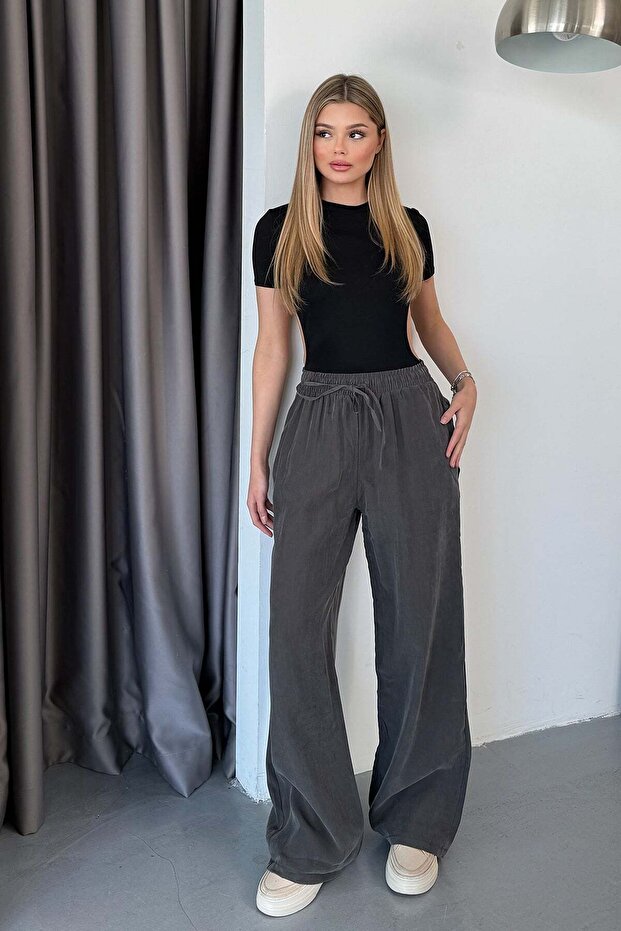 Women's Adjustable Waist Double Pocket Wide Leg Pants Smoked - Mw0001515