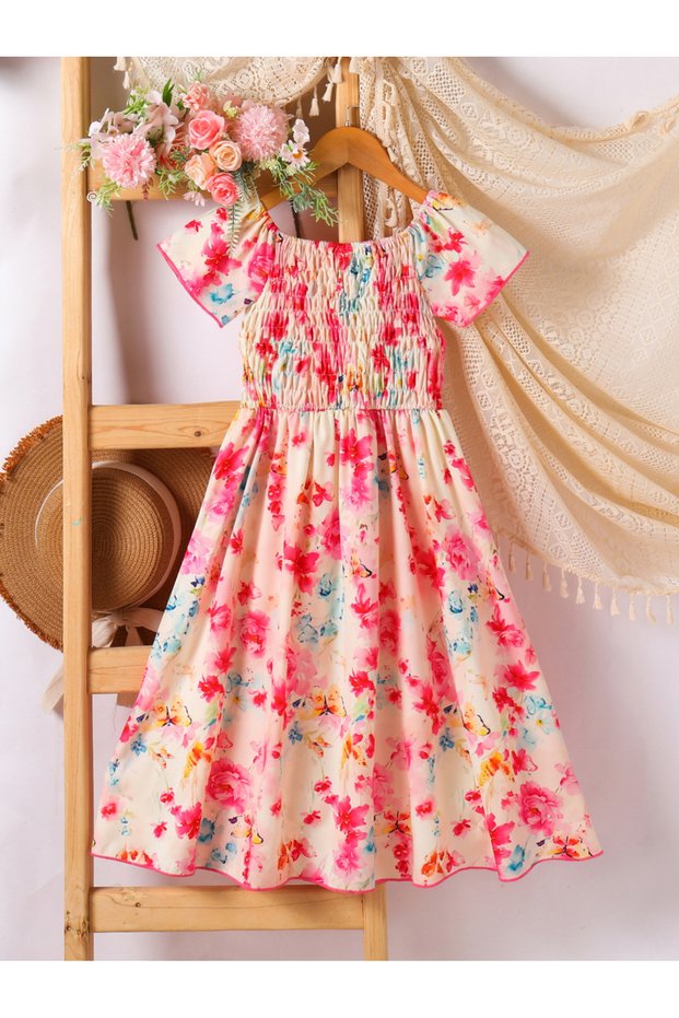 Girls All-Over Print Square Neck Smocked Dress