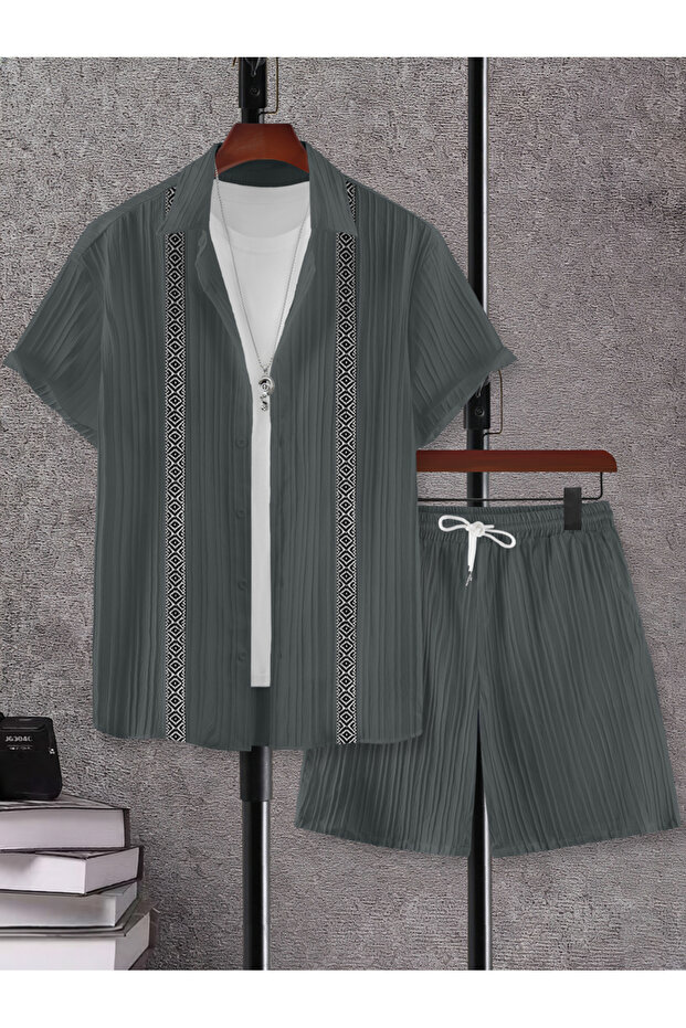 Men Charcoal Jacquard Detail Short Sleeve Button Front Shirt and Shorts Co-Ords
