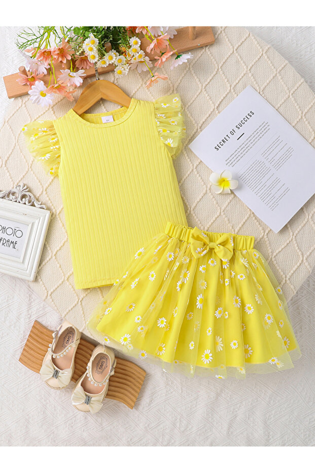 Girls Yellow Daisy Print Top and Skirt Set