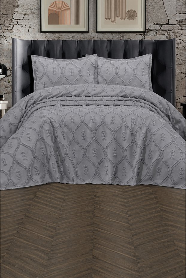 Berra Modern Chenille Jacquard Dowry Set Double King Size Pique Coverlet Set / Bedspread Set 3 Pieces