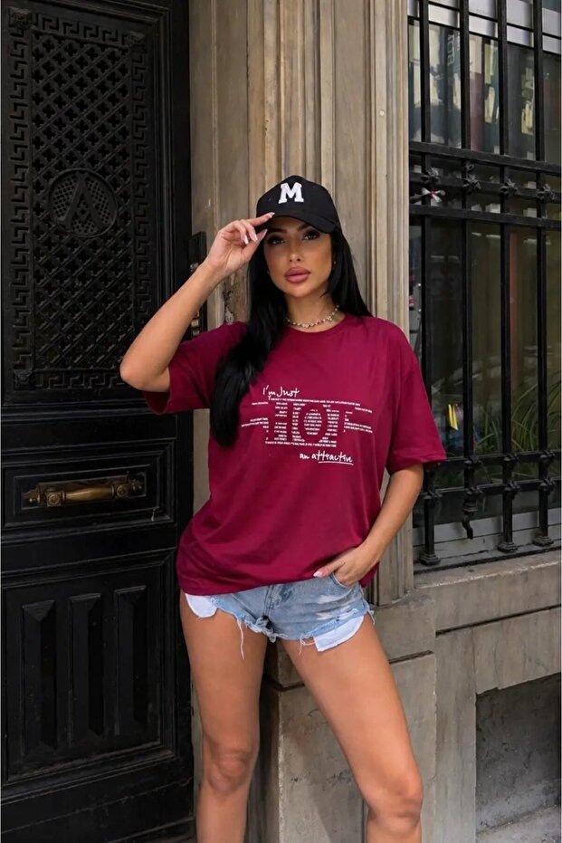 Burgundy Text Printed Oversize Combed Cotton T-Shirt – “I’M Just an Attractive Introvert” Design