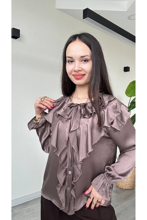 Women's Brown Gathered and Sleeve Detailed Ruffled Buttoned Chiffon Shirt