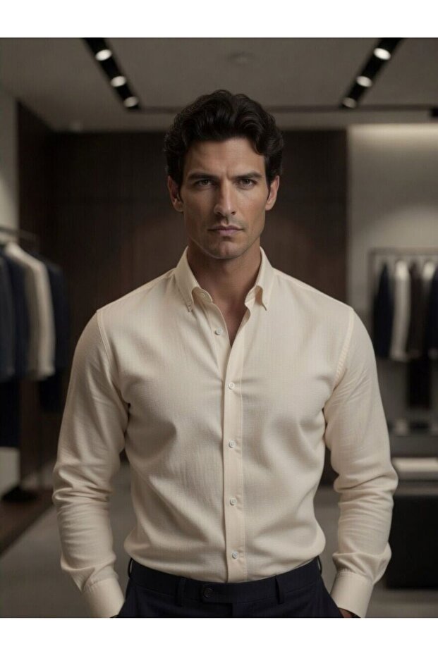 New Model Men's Summer 100% Cotton Quality Basic Shirt Regular Fit Textured Long Sleeve Lapel Buttoned Anti-Sweat