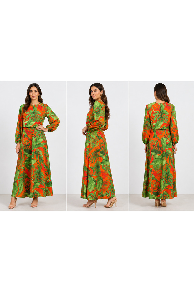 Tropical Orange & Green A-Line Casual Dress