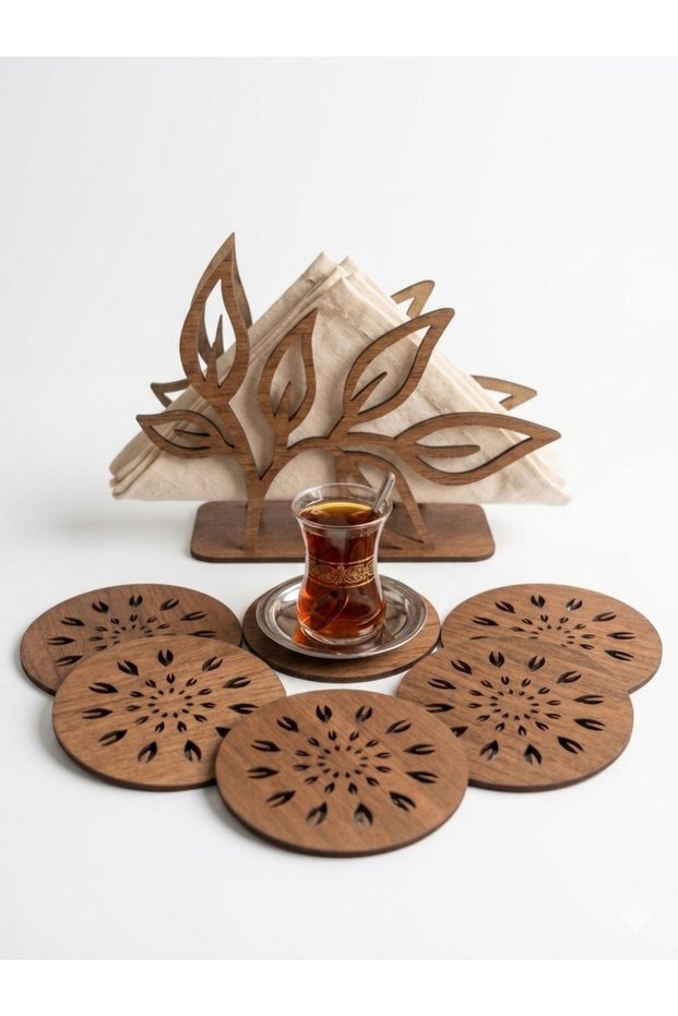 Decorative Wooden Napkin Holder and Set of 6 Coasters Walnut Color