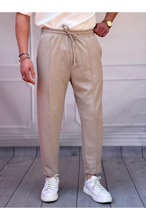 Waffle Fabric Stripe Detailed Boyfriend Jogger Pants