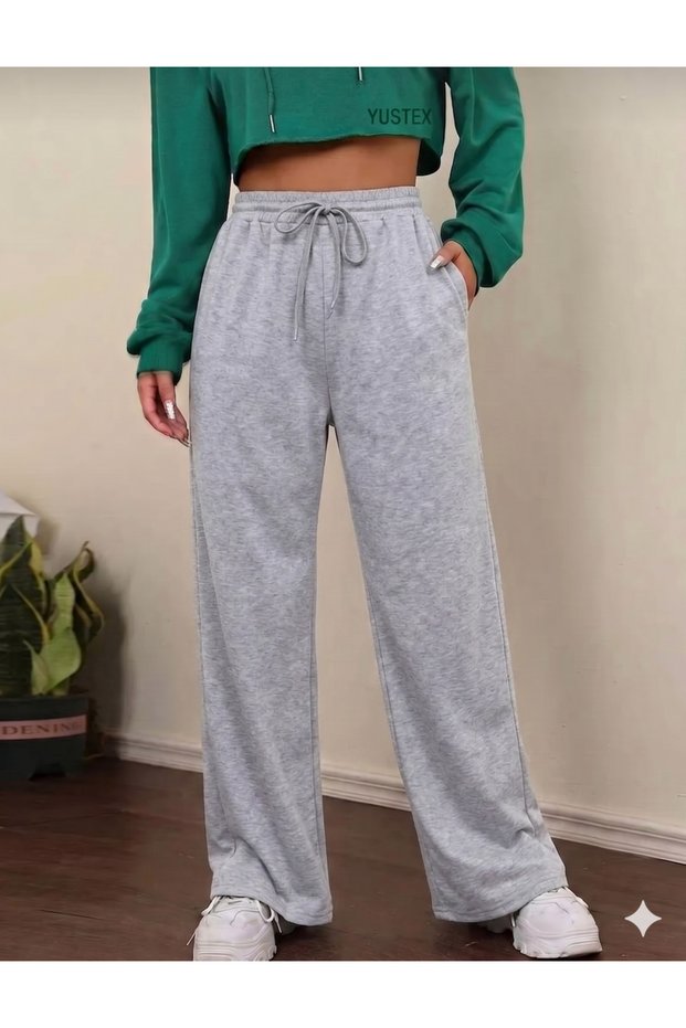 Women's Gray Wide-Leg Sweatpants - High-Waisted Relaxed Fit Two-Thread Seasonal Sweatpants