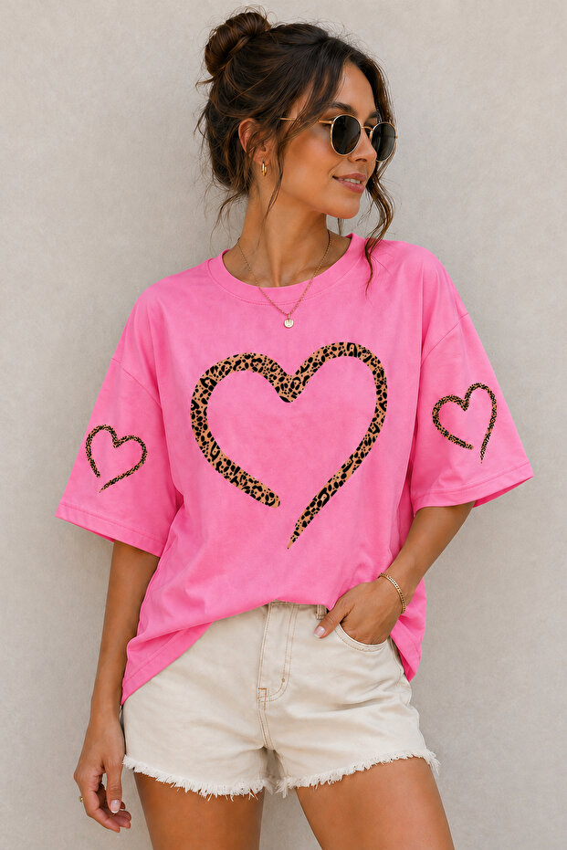 Leopard Patterned Heart Printed Unisex Oversize T-Shirt – Cotton Crew Neck Casual T-Shirt