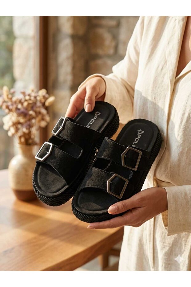 Women's Summer Slippers Suitable for Daily Use (Beige & Black) Stylish Design with Buckle