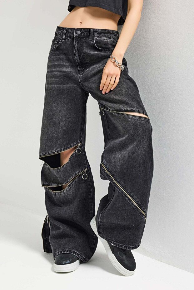 İts Basic Women's Dark Smoked Super Baggy Fit Zipper Detailed Special Design Denim Jeans