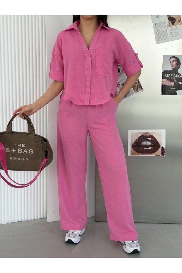 Women's Single Pocket Detailed Short Sleeve Shirt-Pants Linen Set