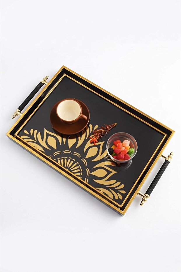 Digital Printed Glass Serving Tray – Sun Motif, Metal Handle 46X28 cm
