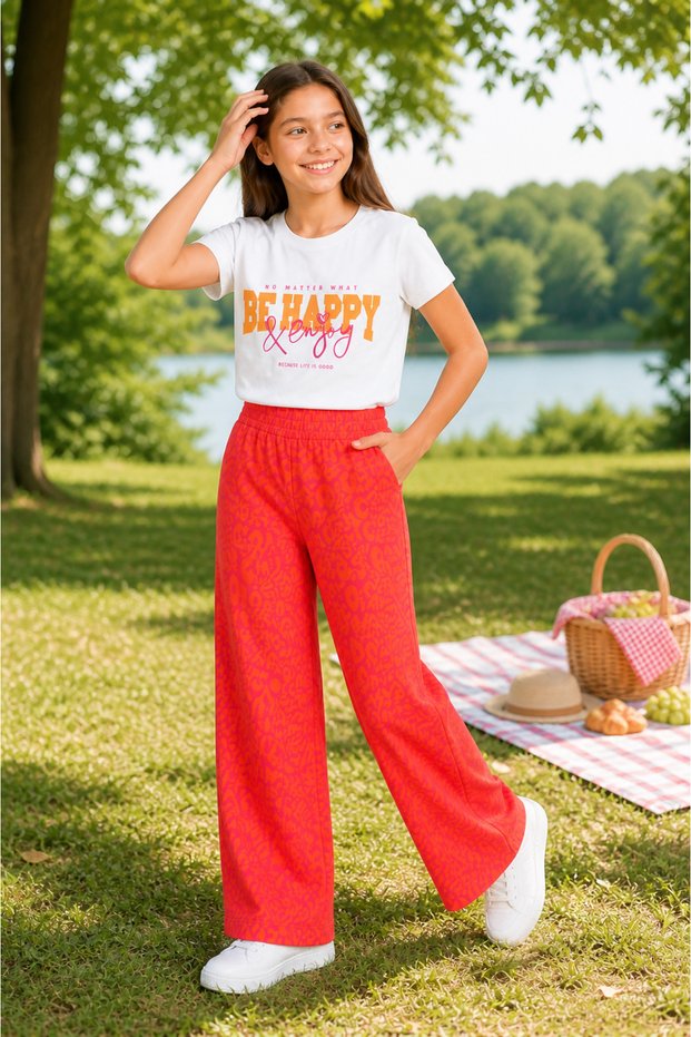 53905-26 Girl's Be Happy Printed T-Shirt & Patterned Wide-Leg Pants Two-Piece Set – Summer Casual Stylish Combination