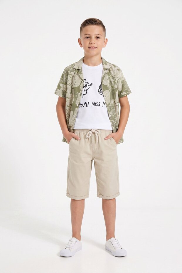 Green Leaf Patterned Shirt and Linen Shorts Boys' T-Shirt 3-Piece Set 24029