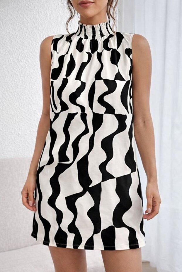 Women's Sleeveless Turtleneck Patterned Short Model Dress