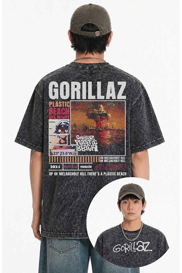 Unisex Gorillaz Plastic Beach Back-Printed Washable T-Shirt, Oversized Rock Band Themed Retro Tshirt