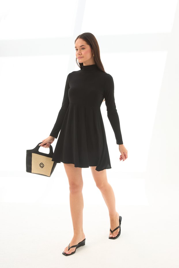 Sandy Fabric Turtleneck Long Sleeve Flounce Mini Dress