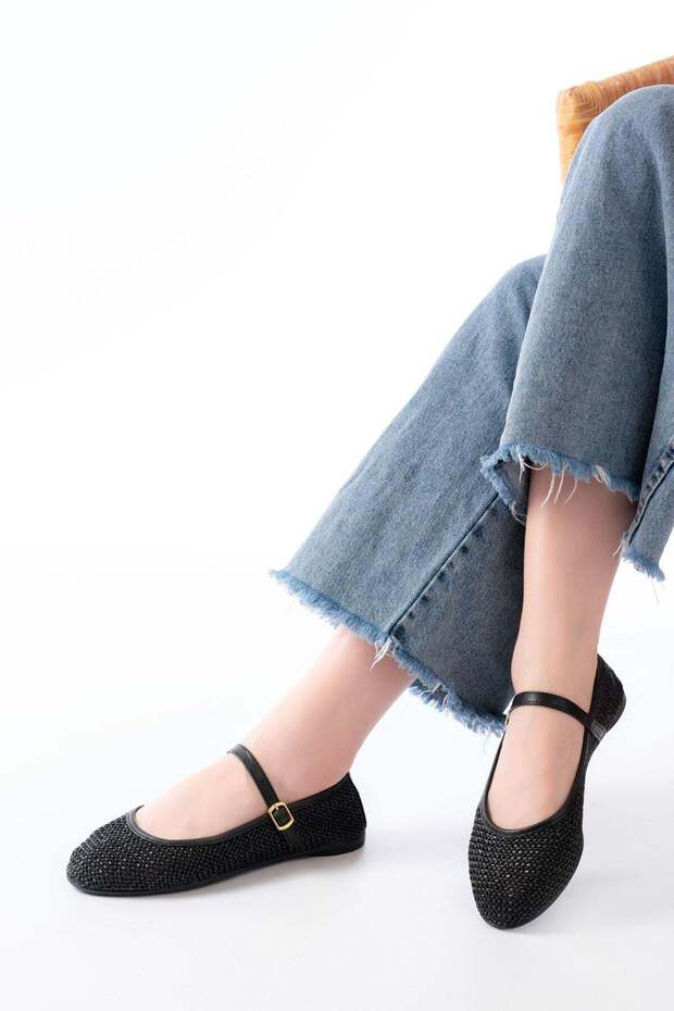 7432 Black Mesh Buckle Detailed Daily Women's Ballerinas