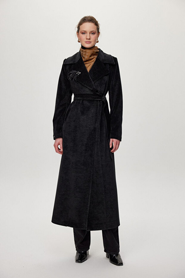 Brooch Detailed Belted Coat Black 13966