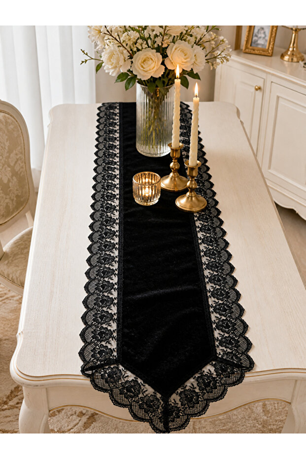Black Velvet Lace Detailed Tablecloth Runner