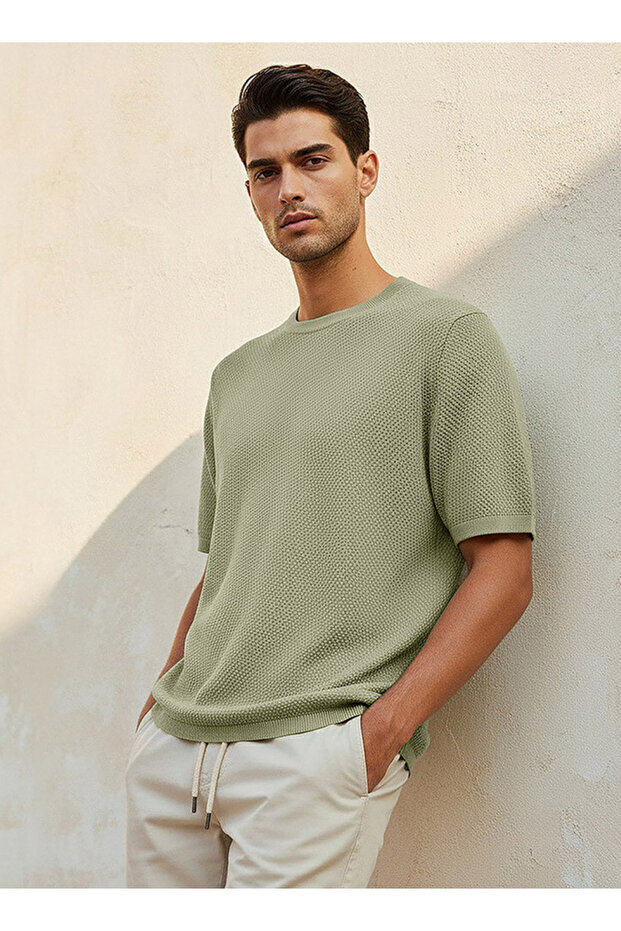 Men Regular Fit Crew Neck Short Sleeves Textured T-shirt