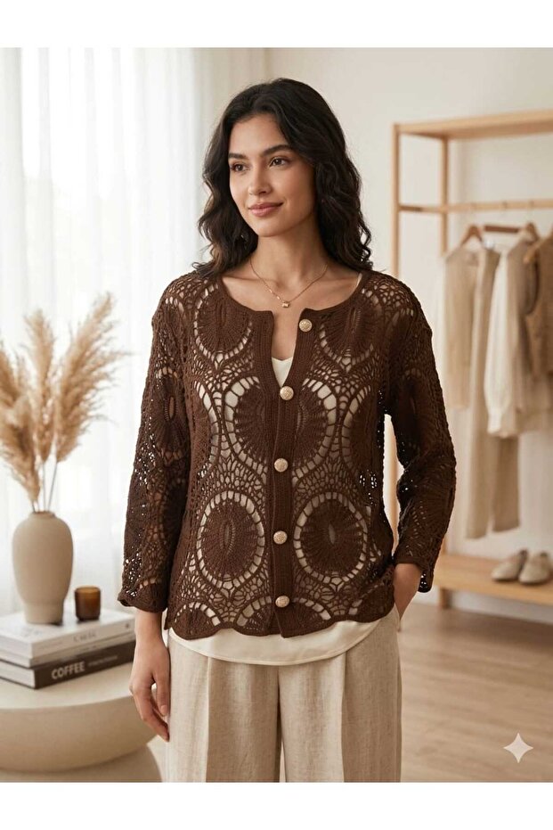Zeyn St Women's Lace Detailed Openwork Knitted Cardigan - Elegant Embroidered Long Sleeve Bohemian Jacket